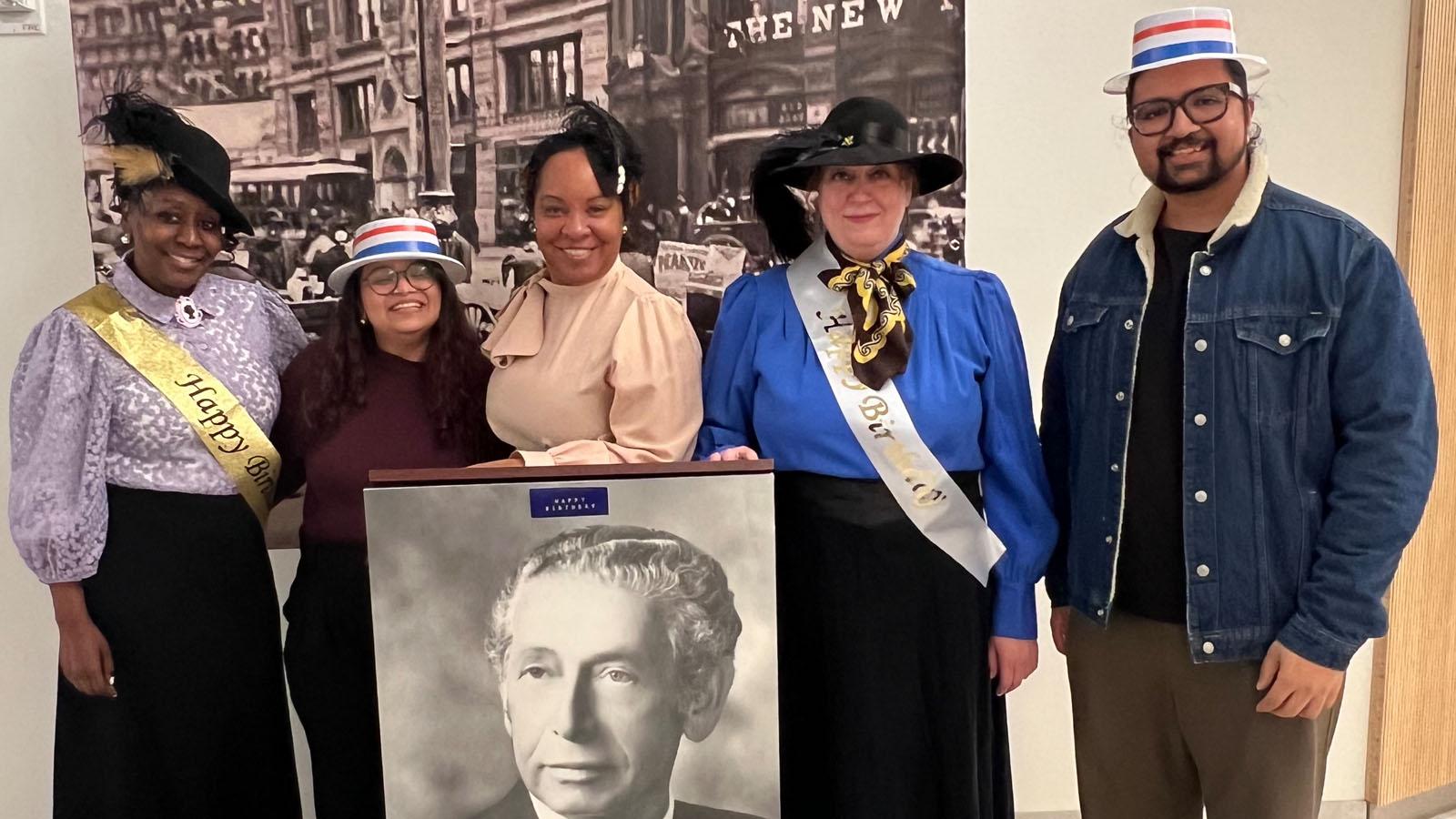Pace University Lubin School of Business Office of Communications and External Relations staff, from left to right: Tamara Kelly, director; student aide Janvi Joshi, Matrisha Blyden, staff associate, Rachel Klingberg, associate director, online communications,and student aide Parth Soni