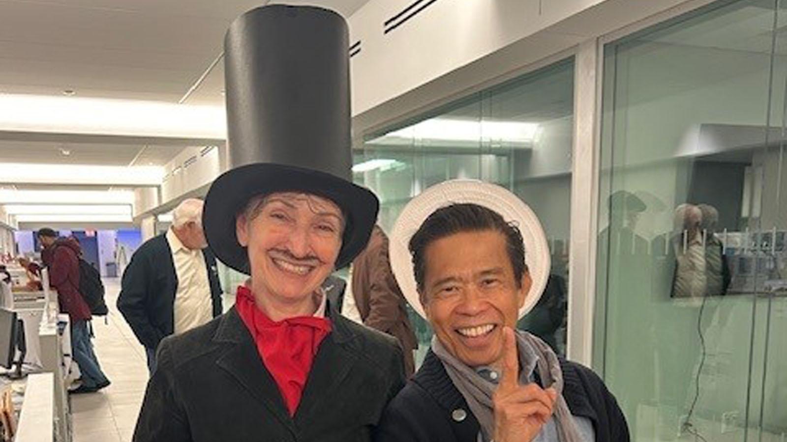 Pace University Lubin School of Business Dean Richardson, in historic costume, with Professor Chris Ramos, Senior Executive Director, Arts and Entertainment Management Program