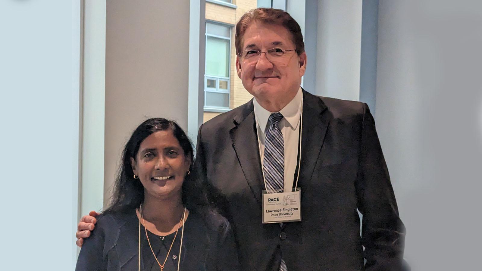 Padma Kadiyala, professor of finance, Pace University, and Lawrence G. Singleton, dean of Pace’s Lubin School of Business, at the 2023 Friends of Women in Finance Symposium-Greater New York (FWFS-GNY) at Pace University