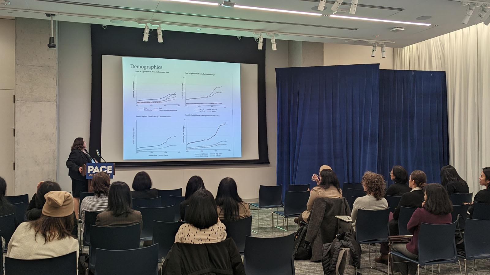 Professor Nonna Sorokina of Penn State University presenting her research in the main session at the 2023 Friends of Women in Finance Symposium-Greater New York (FWFS-GNY) at Pace University
