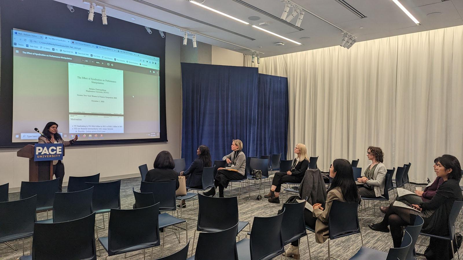 Professor Chattopadhyay of Binghamton University presents her research in the Corporate Finance breakout session chaired by Professor Simi Kedia of Rutgers University at the 2023 Friends of Women in Finance Symposium-Greater New York (FWFS-GNY) at Pace University