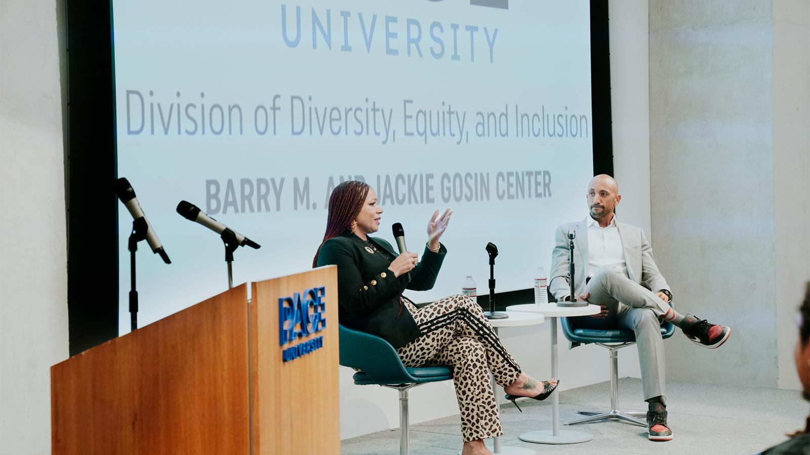 Nikole Hannah-Jones and Bernard Dufresne in conversation at fireside chat.