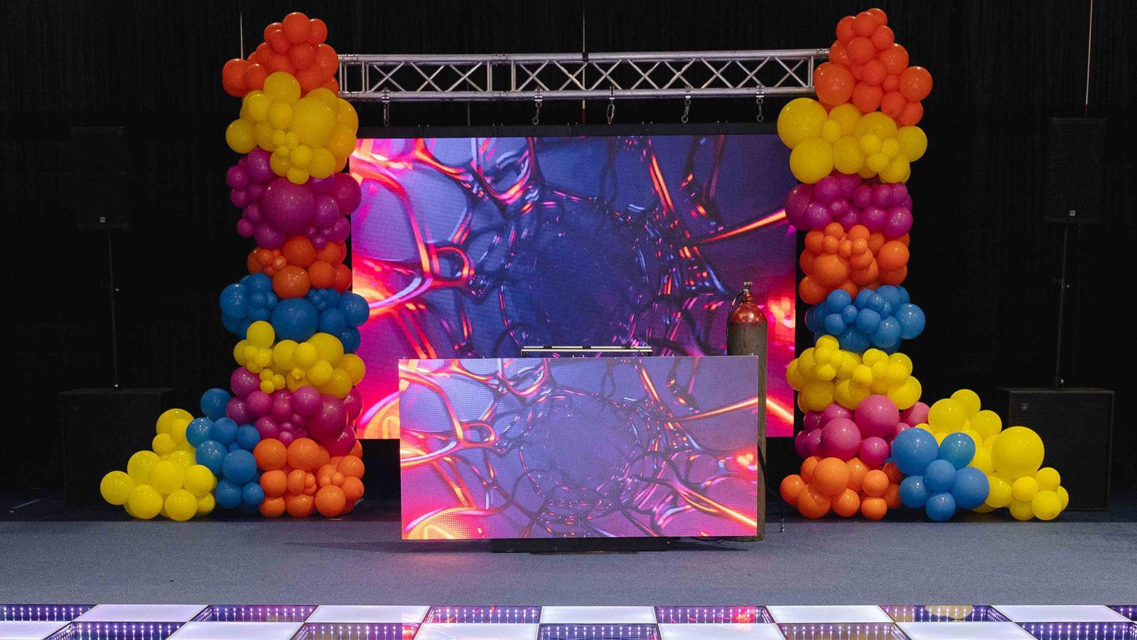 A colorful balloon sculpture designed by a Pace University student.