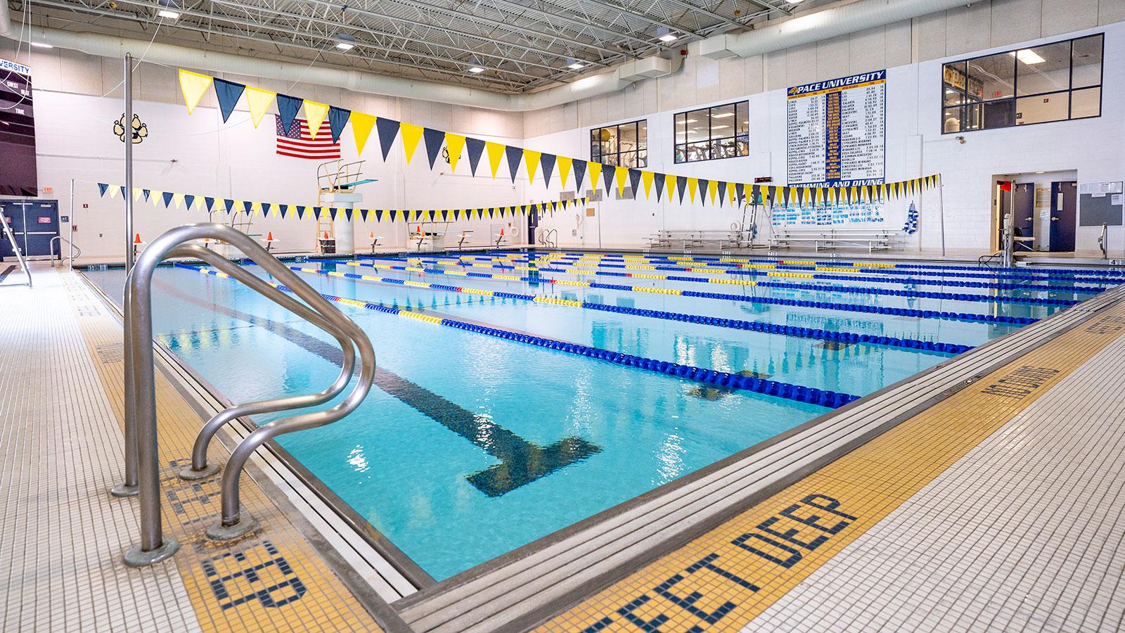 Pace's University's Ann and Alfred Goldstein Health, Fitness, and Recreation Center:  View of the eight-lane pool.
