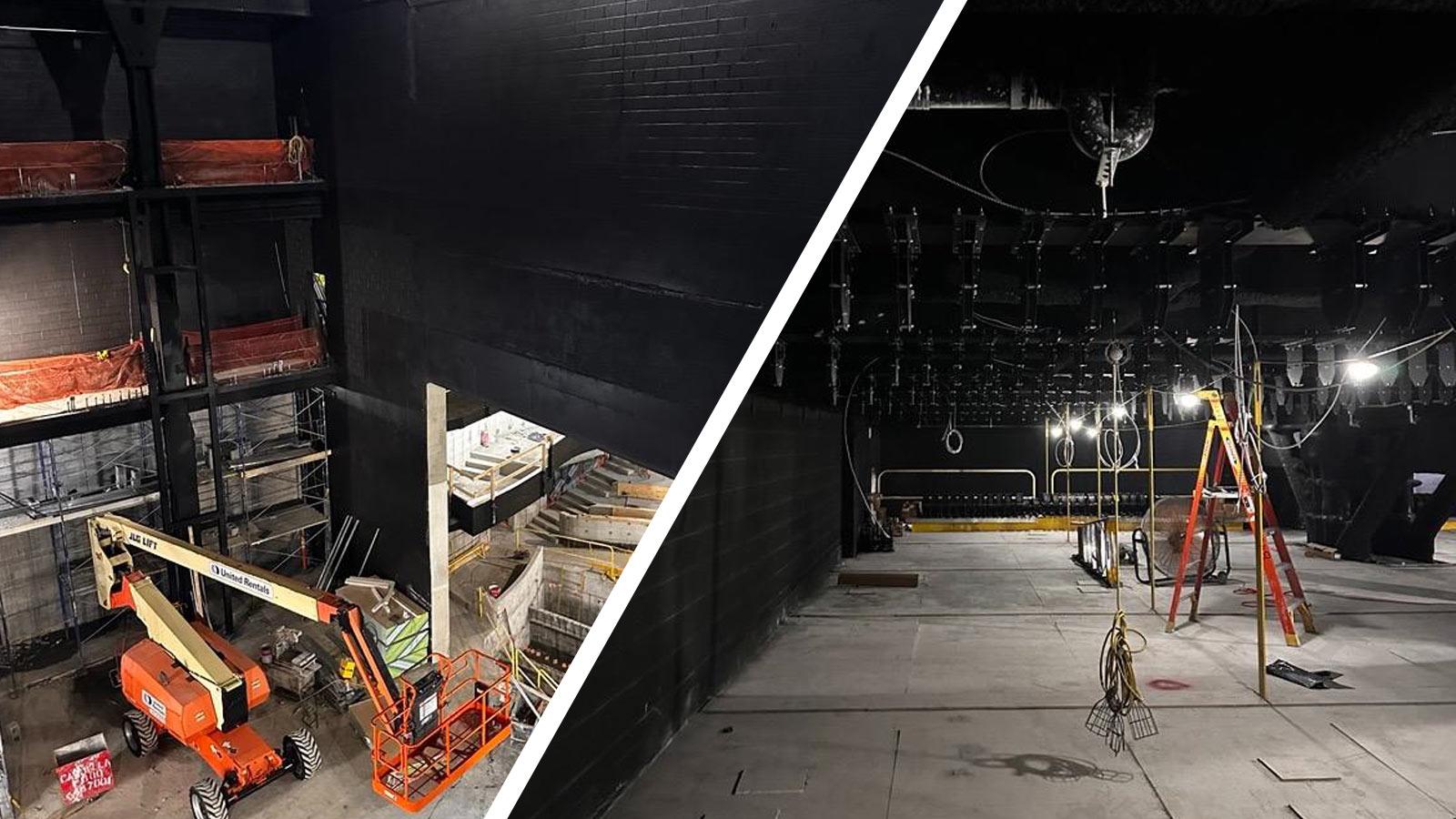 Schimmel Theater gridiron with loft block installation in progress.