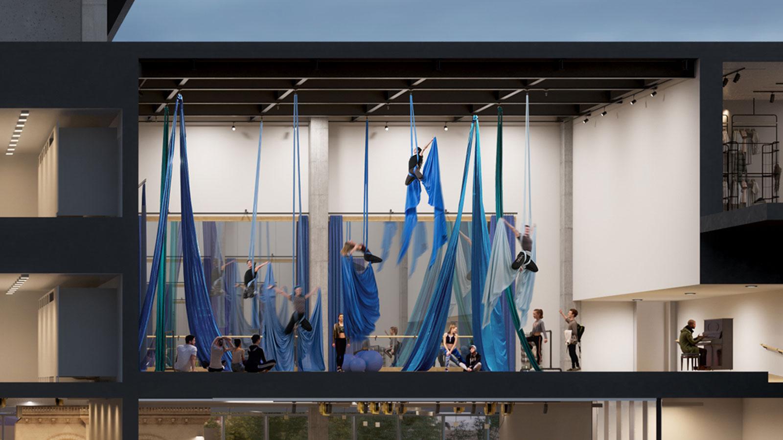 Detailed rendering of a dance studio featuring aerial performers.