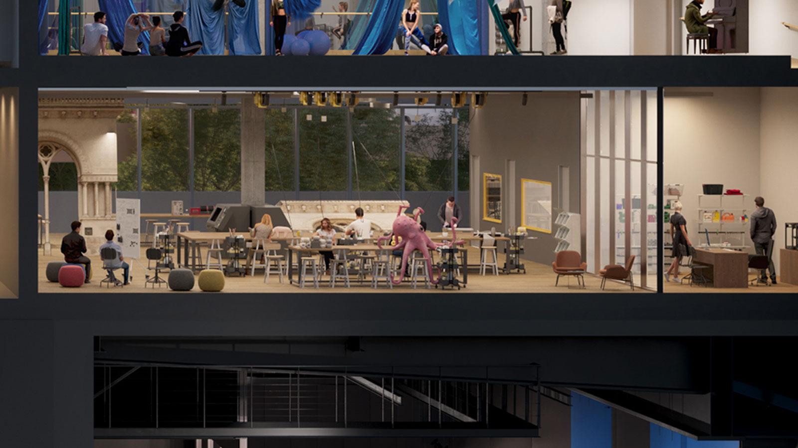 Detailed rendering of the makerspace for production and set design.