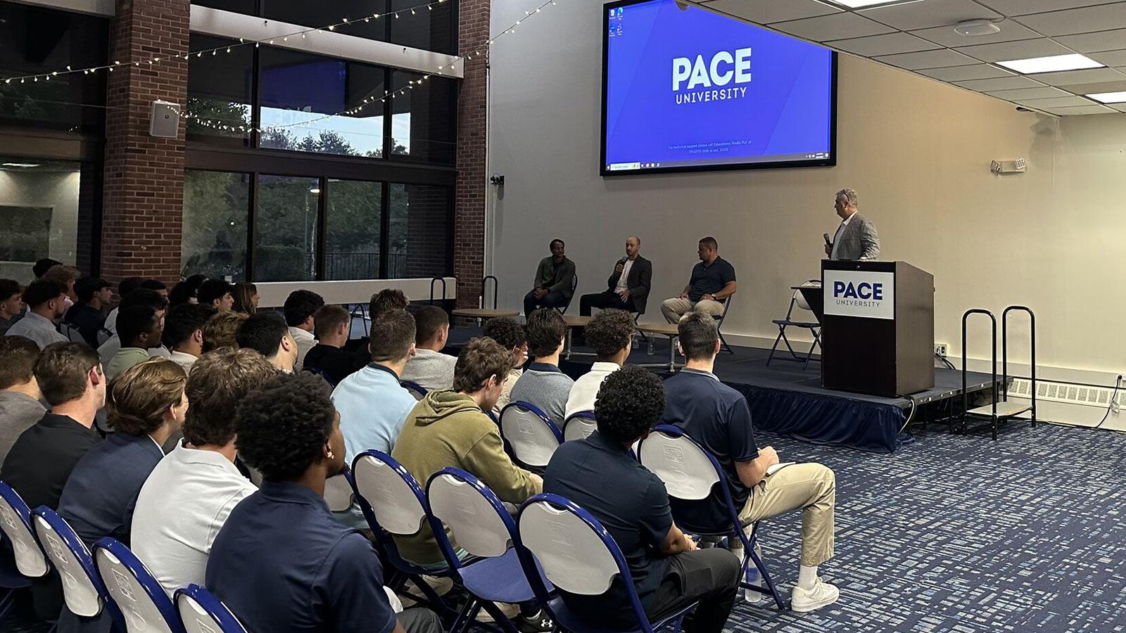 Leigh Klein speaking at the Pace University Sports Business Career Night.