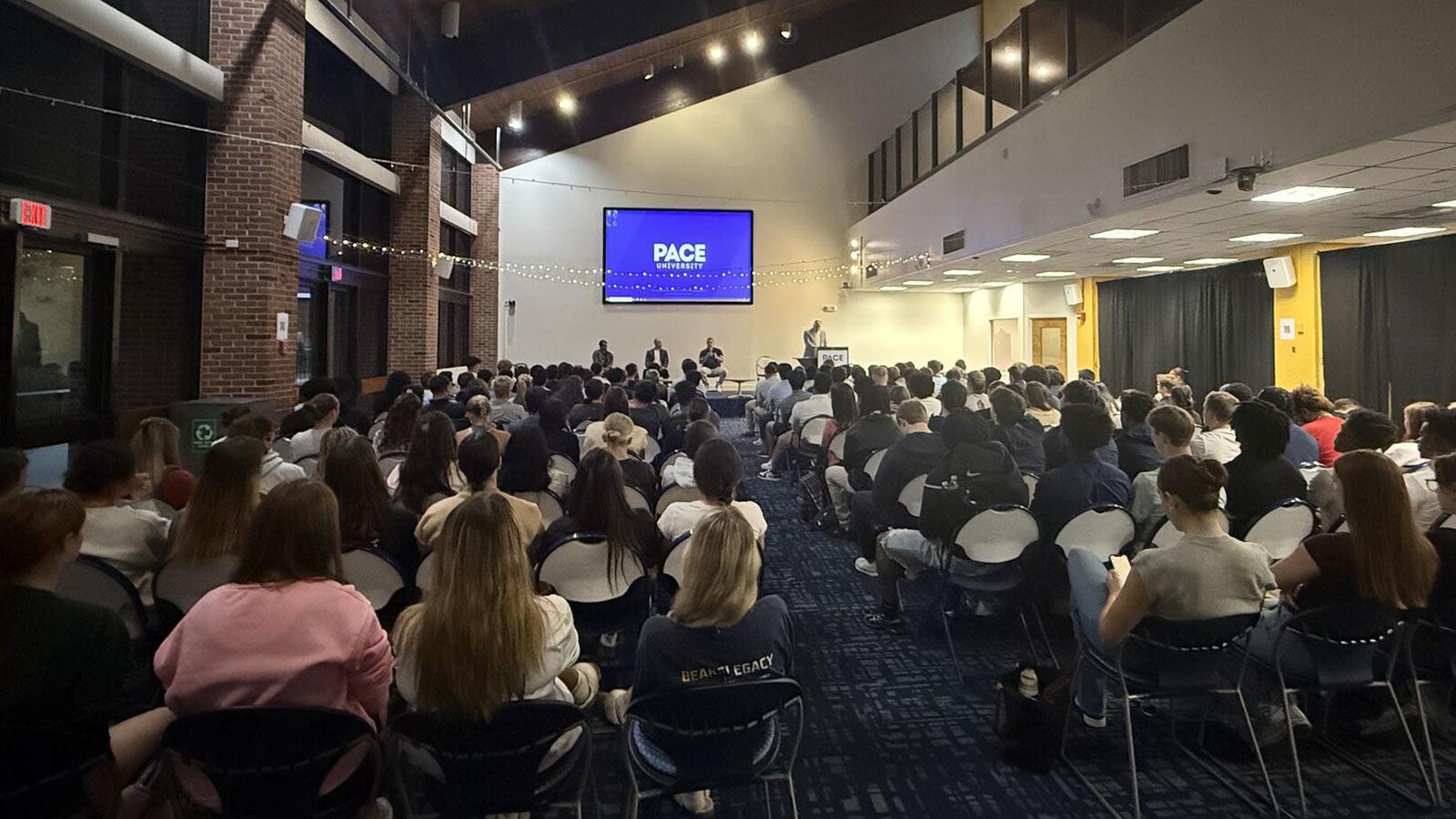 Students gathered at the Pace University Sports Business Career Night.