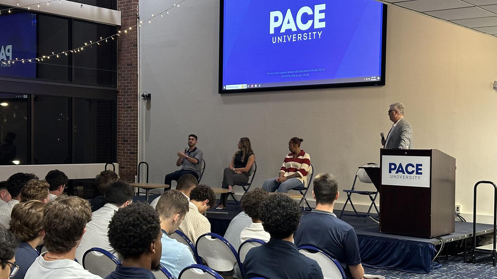 Leigh Klein speaking at the Pace University Sports Business Career Night.