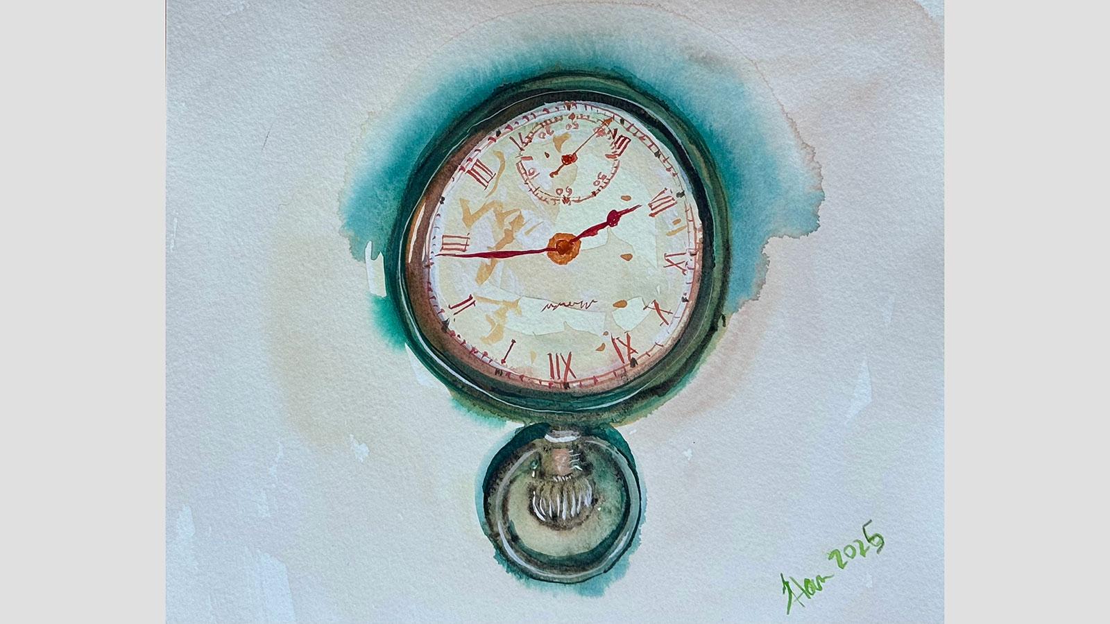 Watercolor of a clock, on view in the Pace University Art Gallery's Nuclear Injustice exhibition