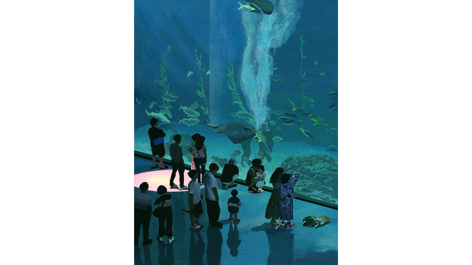 Artwork showing families looking at a large aquarium by Siobhan McBride on view in the Pace University Art Gallery's Summer Remembers Winter exhibition