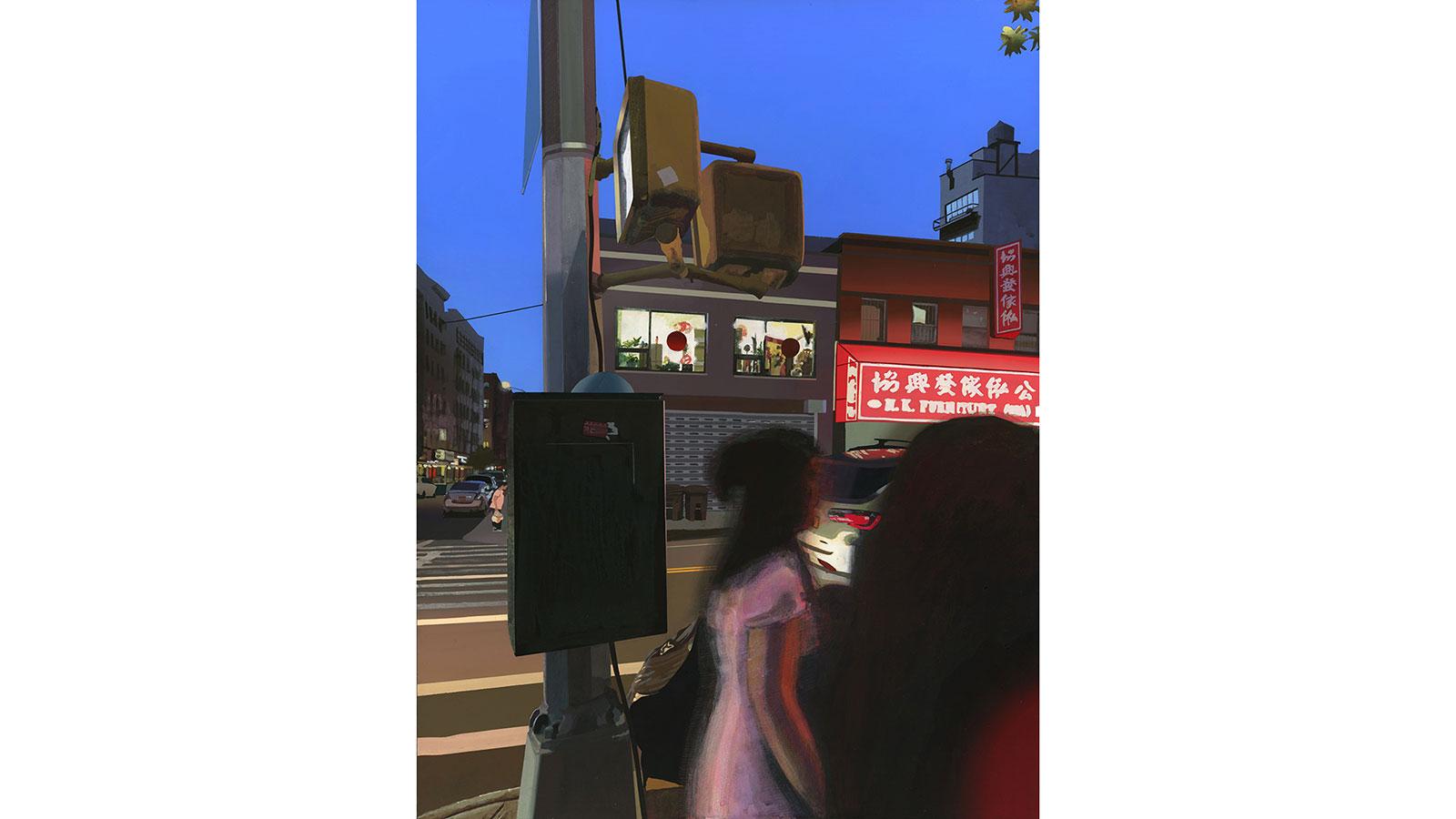 Artwork showing a scene outside a building at an intersection by Siobhan McBride on view in the Pace University Art Gallery's Summer Remembers Winter exhibition
