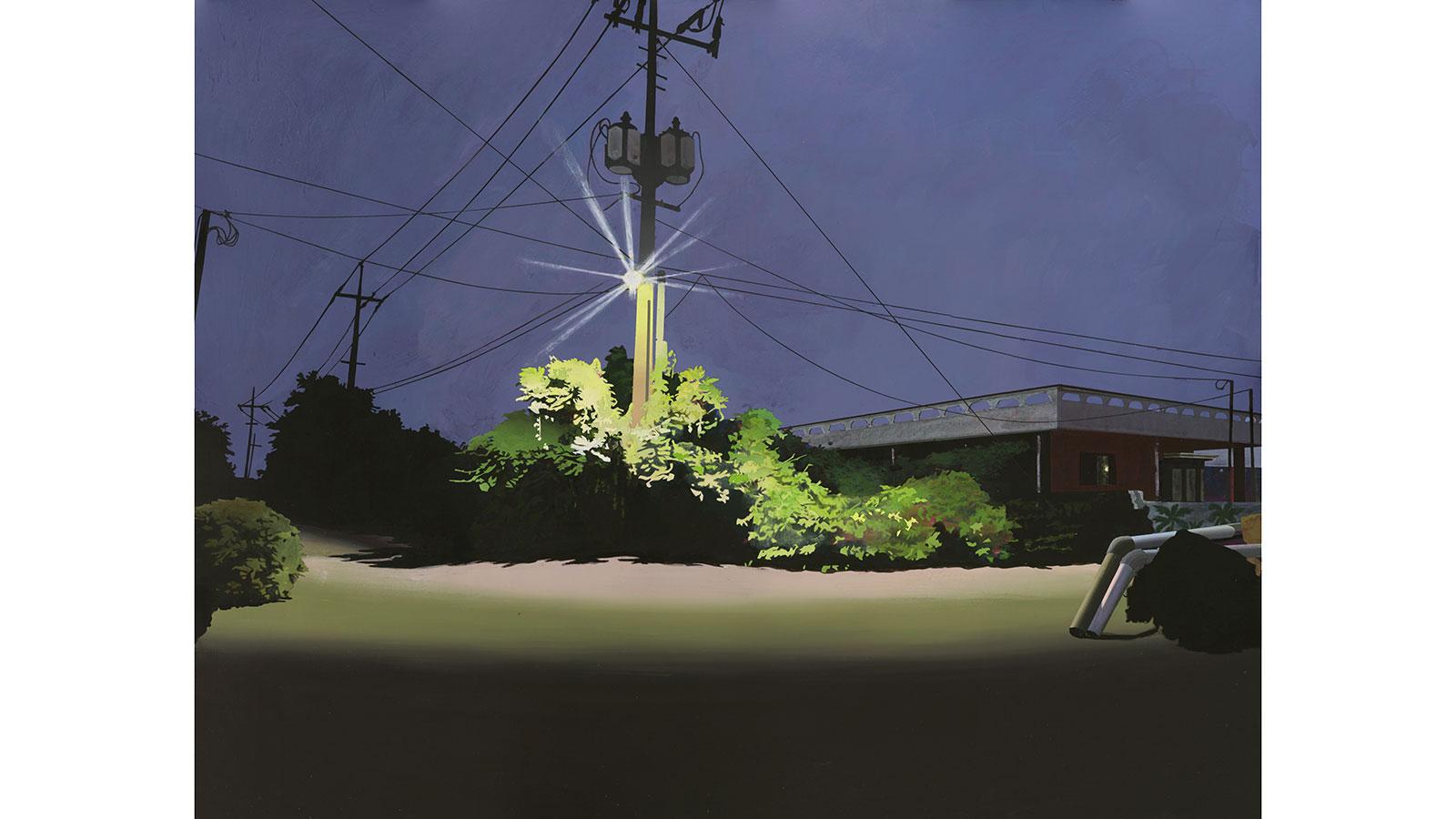 Artwork showing exterior scene with bushes and a building lit by a street light by Siobhan McBride on view in the Pace University Art Gallery's Summer Remembers Winter exhibition
