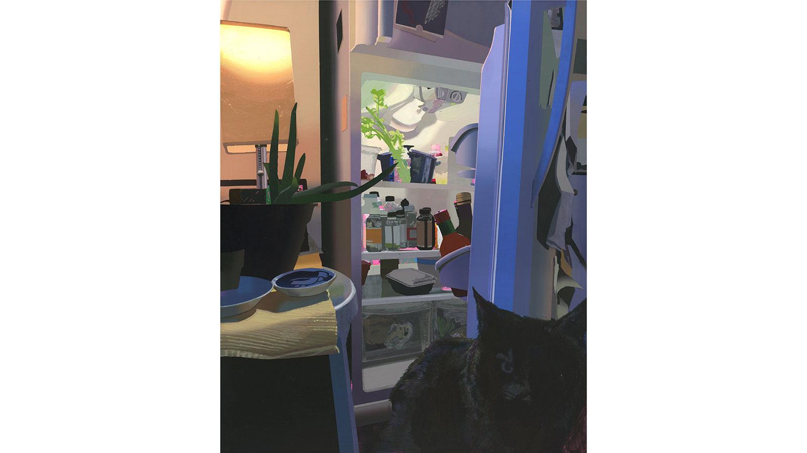 Artwork showing an opened refigerator and a cat in the foreground by Siobhan McBride on view in the Pace University Art Gallery's Summer Remembers Winter exhibition