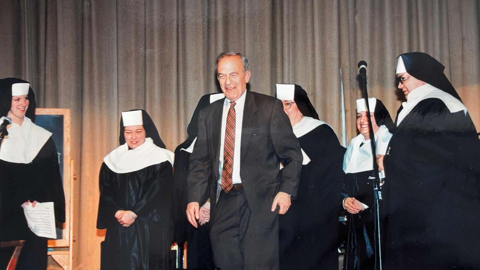 Dean Emeritus Richard Ottinger at talent show at Elisabeth Haub School of Law