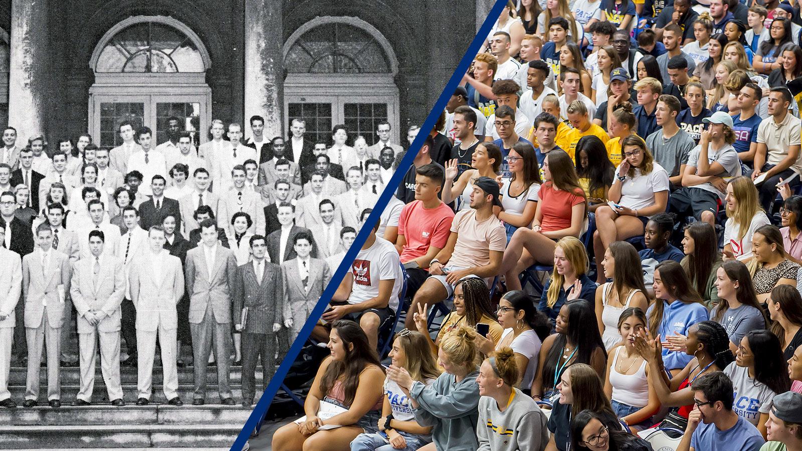 Split image of first-year students in 1953 and in 2024.