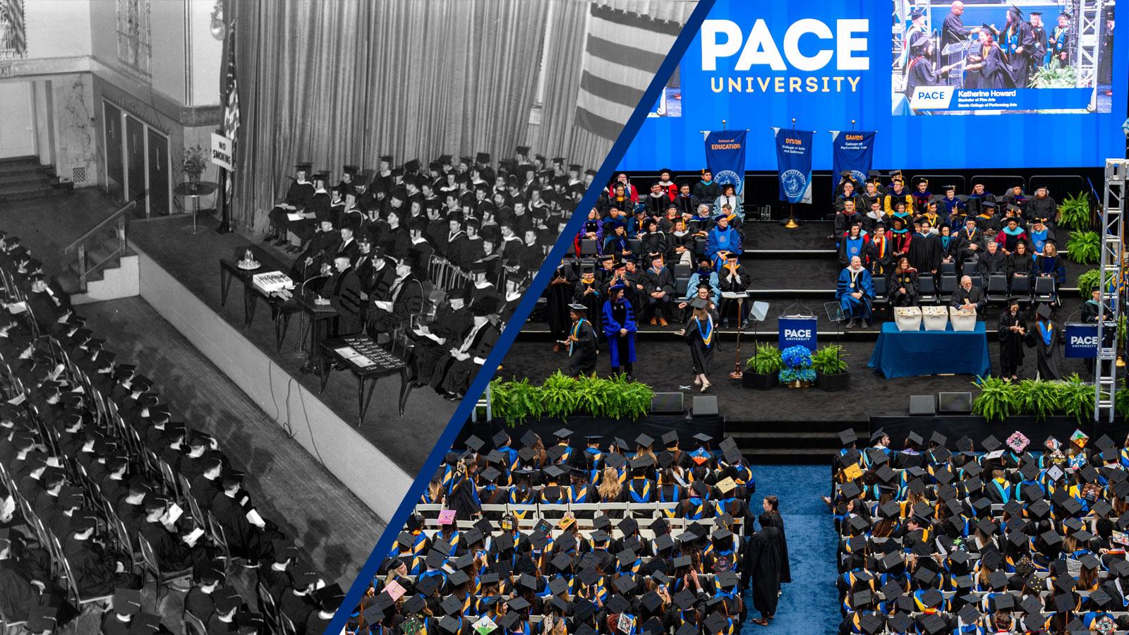 Split image of Commencement in 1950 at the Waldorf Astoria and 2025 at the USTA Center.