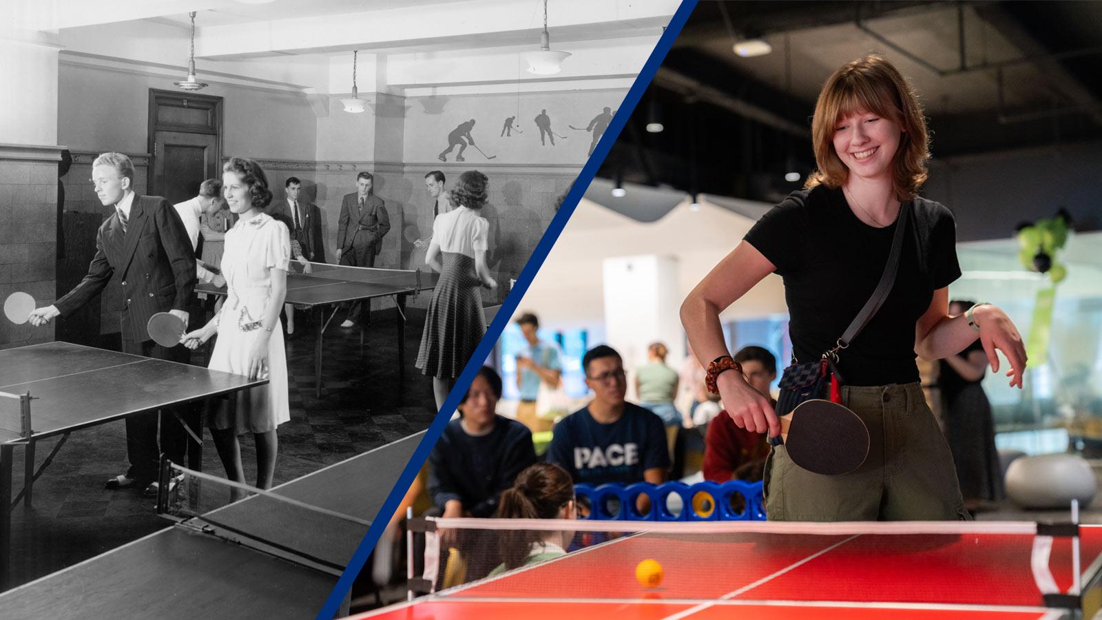 Split image of students playing ping pong in 1940 versus 2023.
