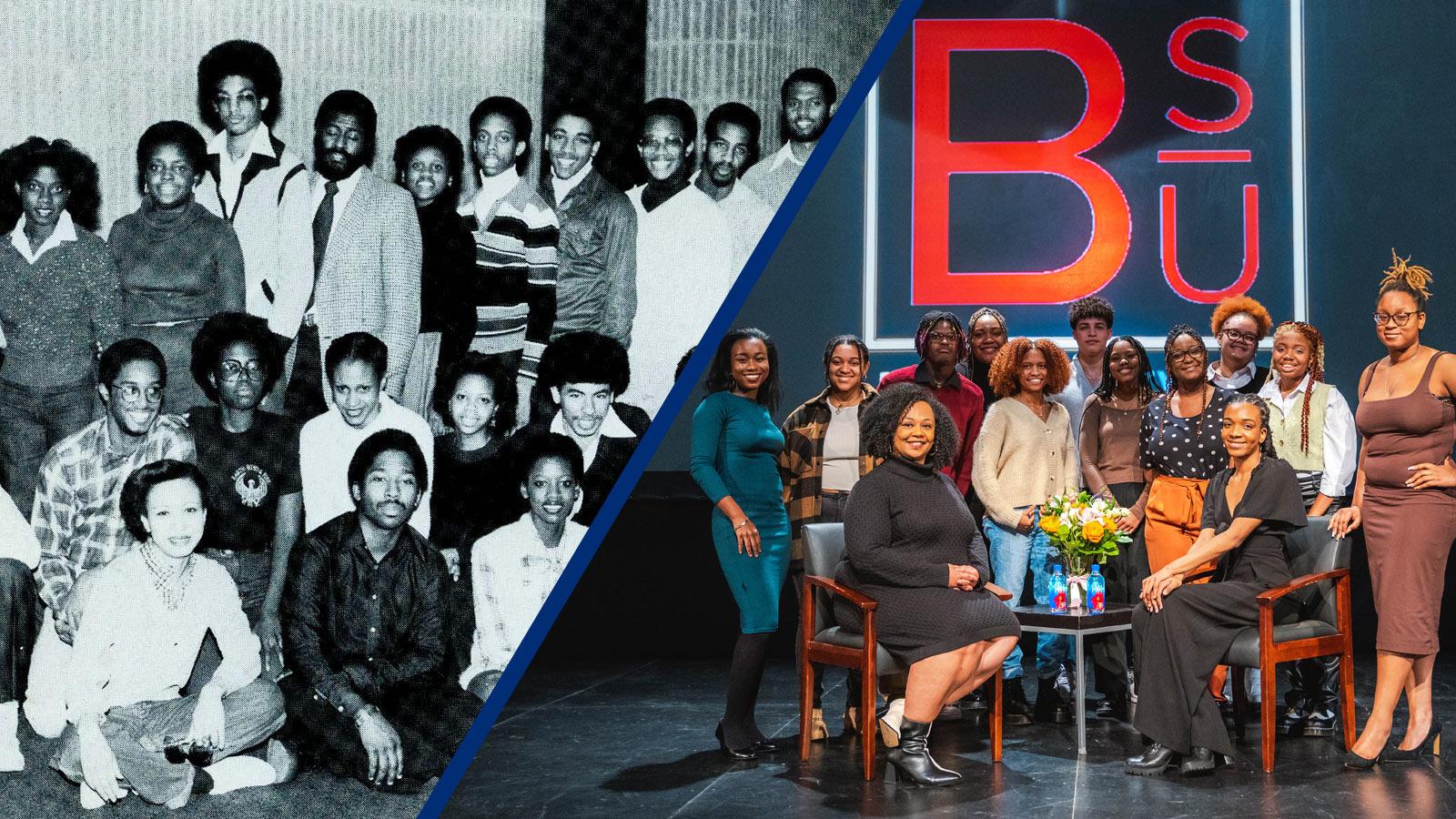 Split image of the Black Student Union in 1980 versus 2024.