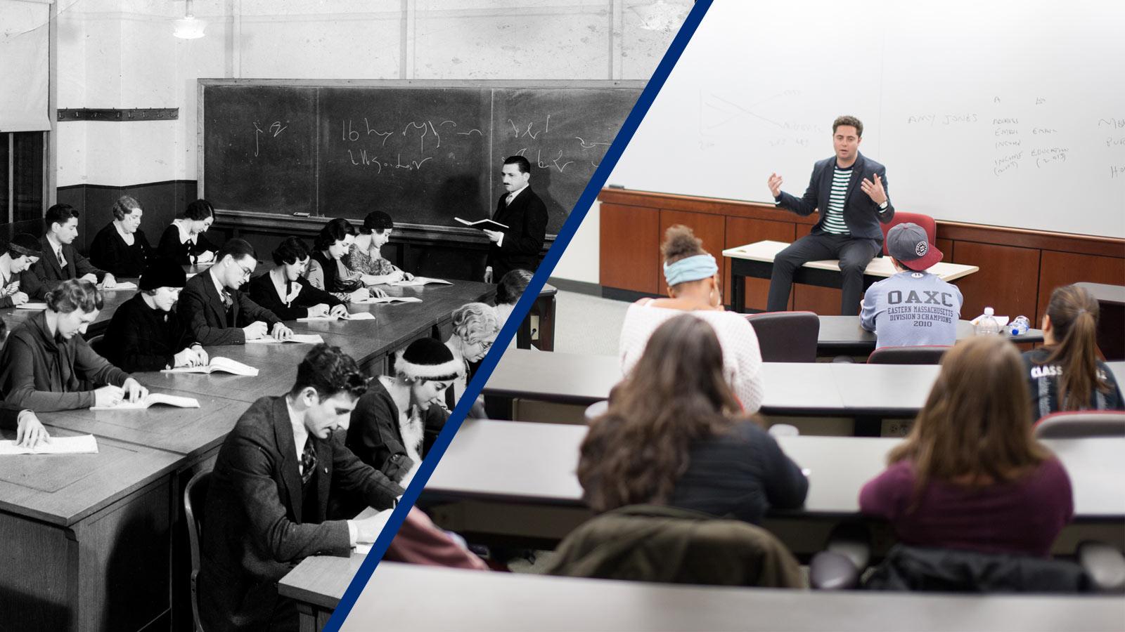 Split image of a Pace Institute classroom from 1930 and a marketing classroom from 2015.