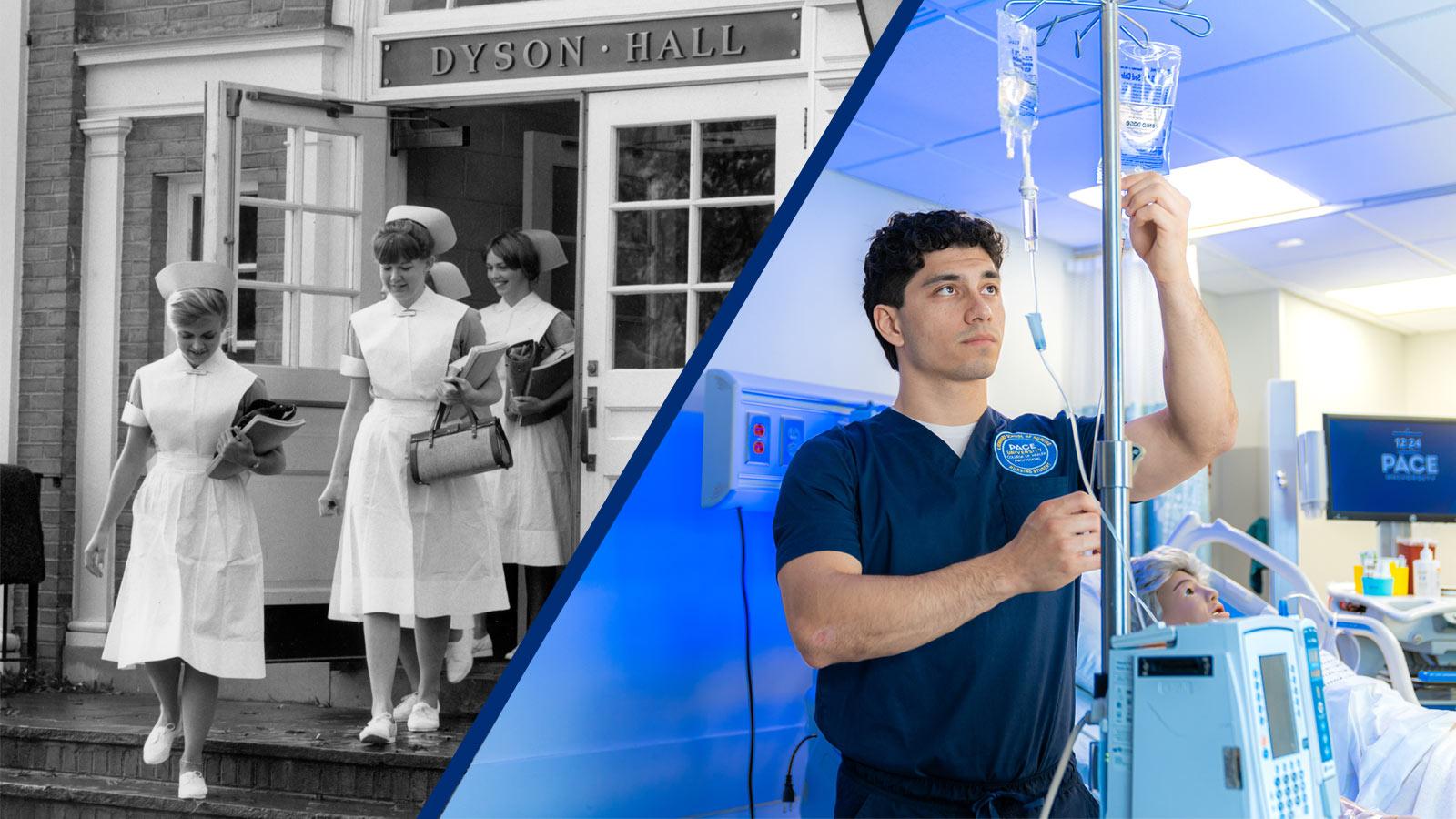 Split image of nursing students from 1968 versus a nursing student in our clinical simulation labs.