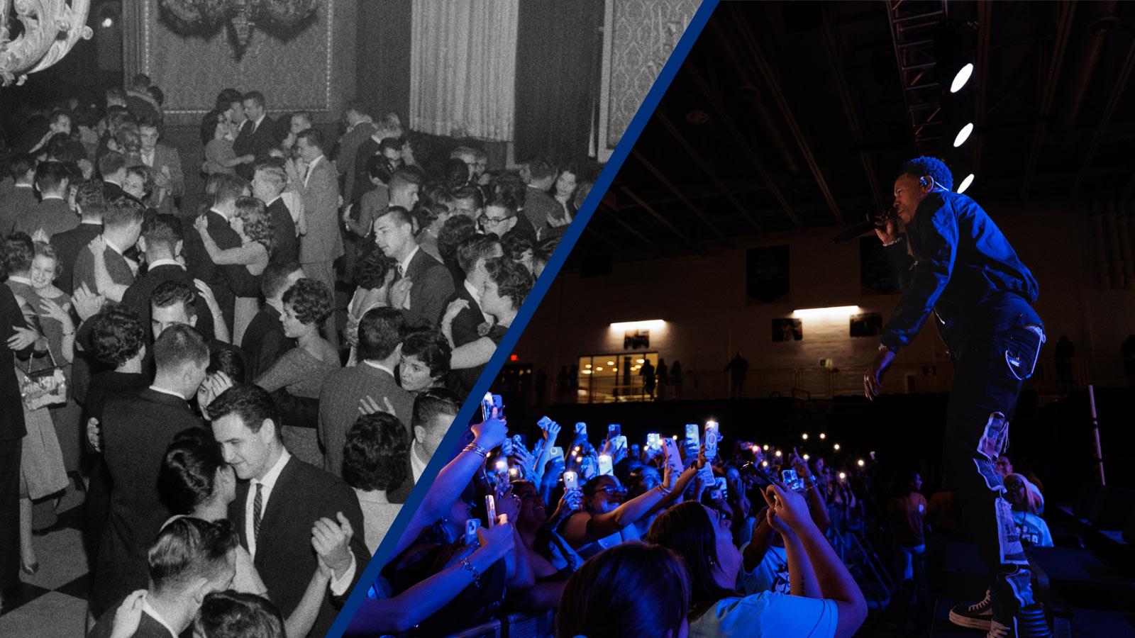 Split image of a Pace ball in 1959 versus a 2025 Springfest concert featuring A Boogie With Da Hoodie on stage for a crowd.