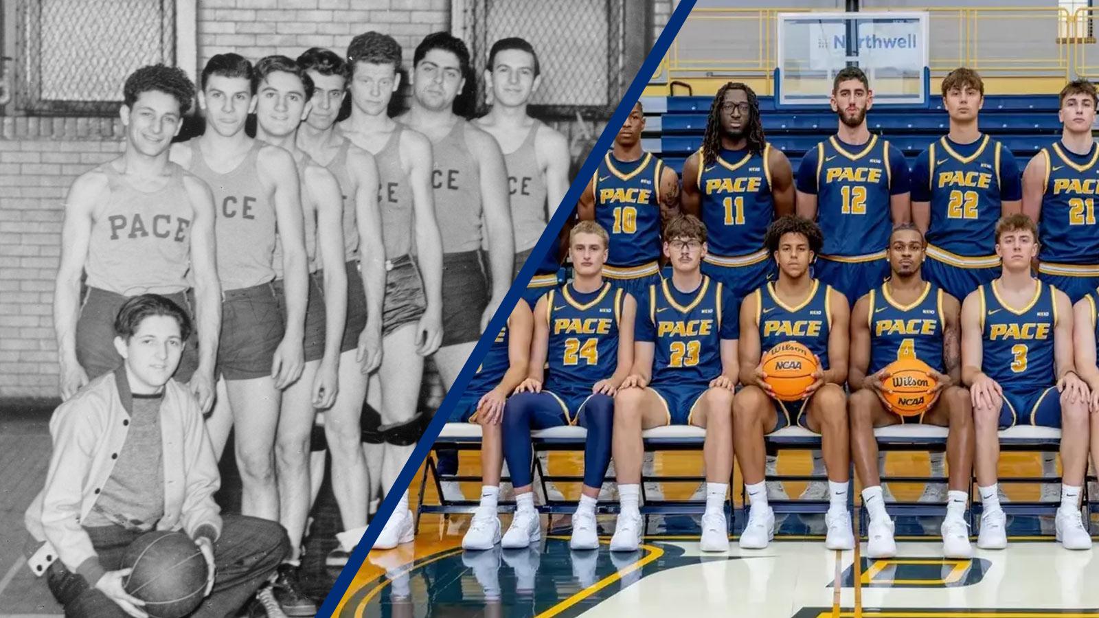 Split image of the Pace University men's basketball team in 1945 versus the team photo from 2025.