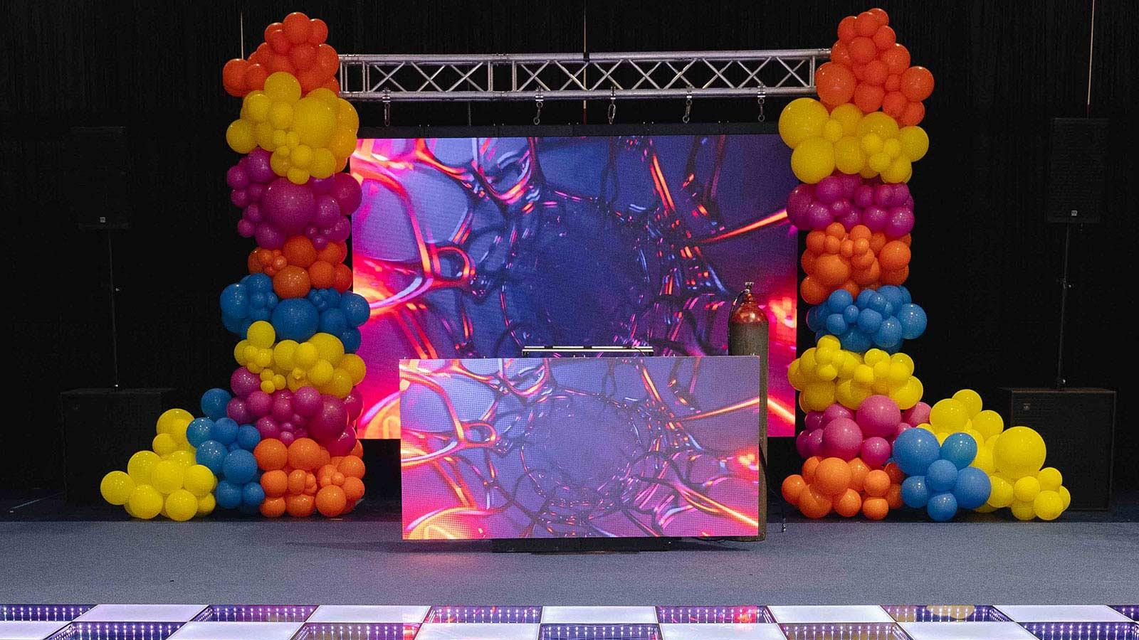 A colorful balloon sculpture designed by a Pace University student.