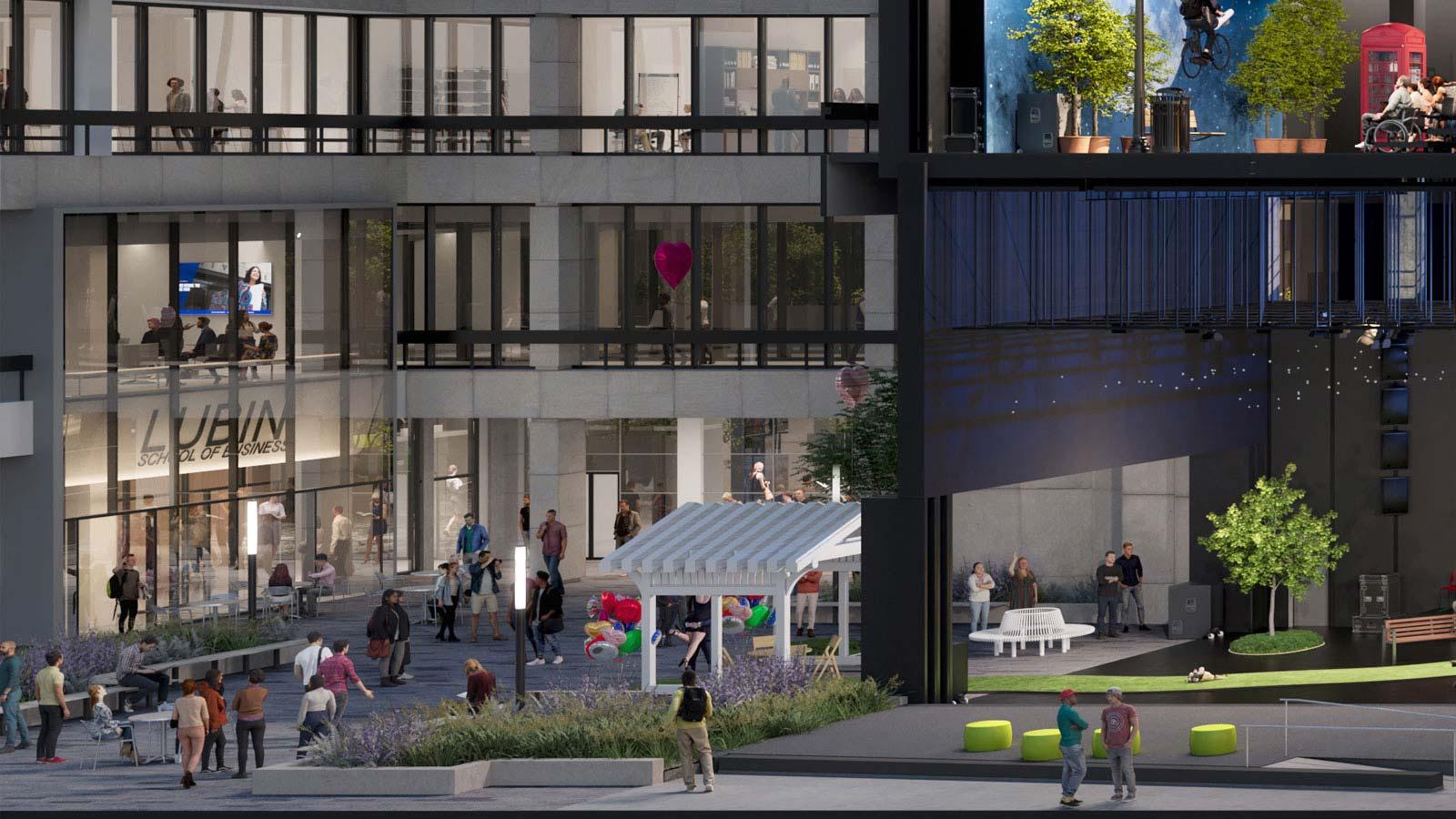 Detailed rendering of the small venue at One Pace Plaza East.