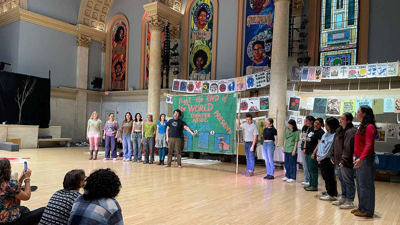 Pace University's Peace and Justice Studies and English students presenting their work from their partnership with the Bread and Puppet Theater to express social justice through art.