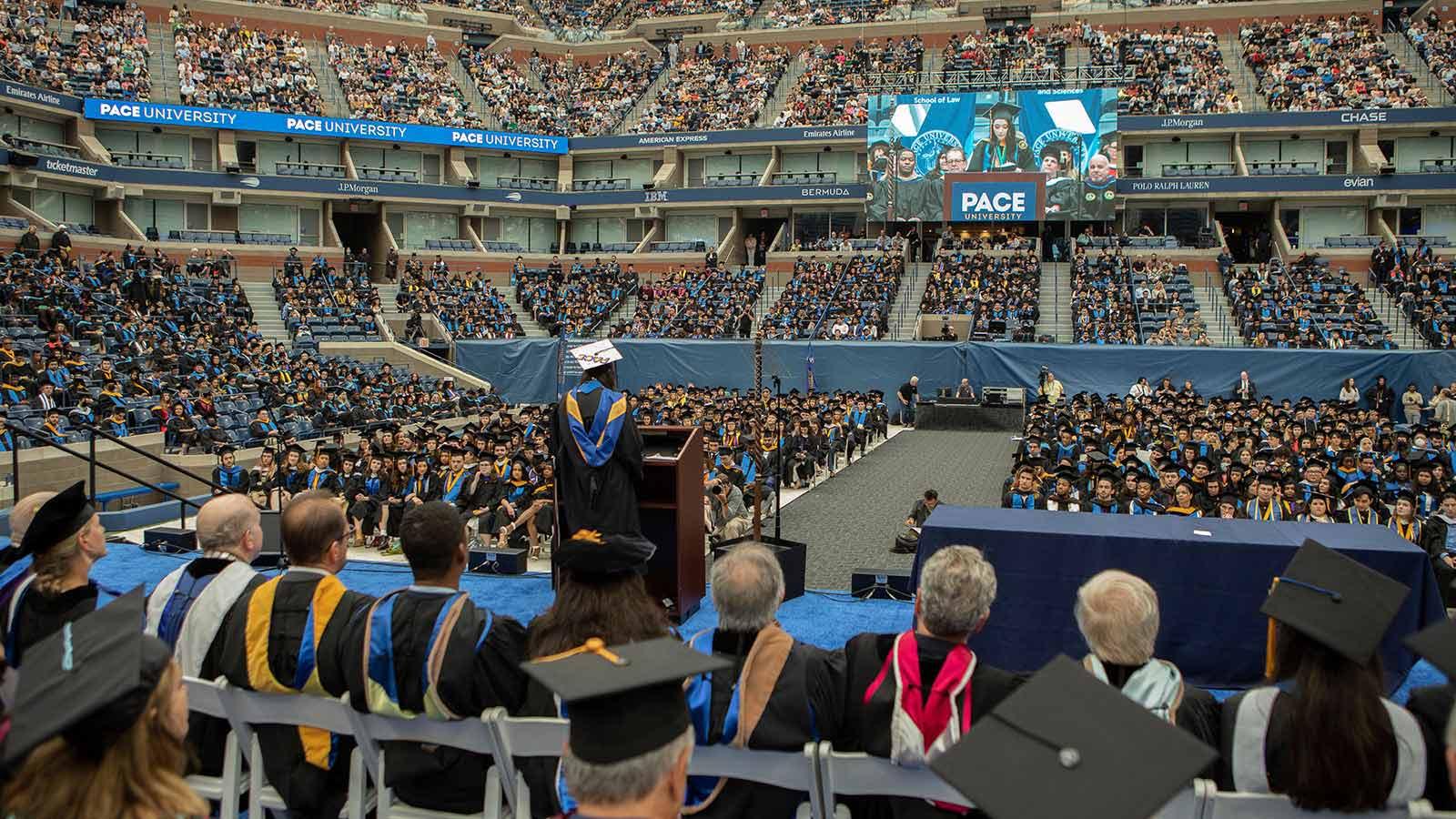 More than 15,000 graduates and guests attended Pace University’s first in-person Commencement Ceremony at the USTA Billie Jean King National Tennis Center on May 16, 2022.