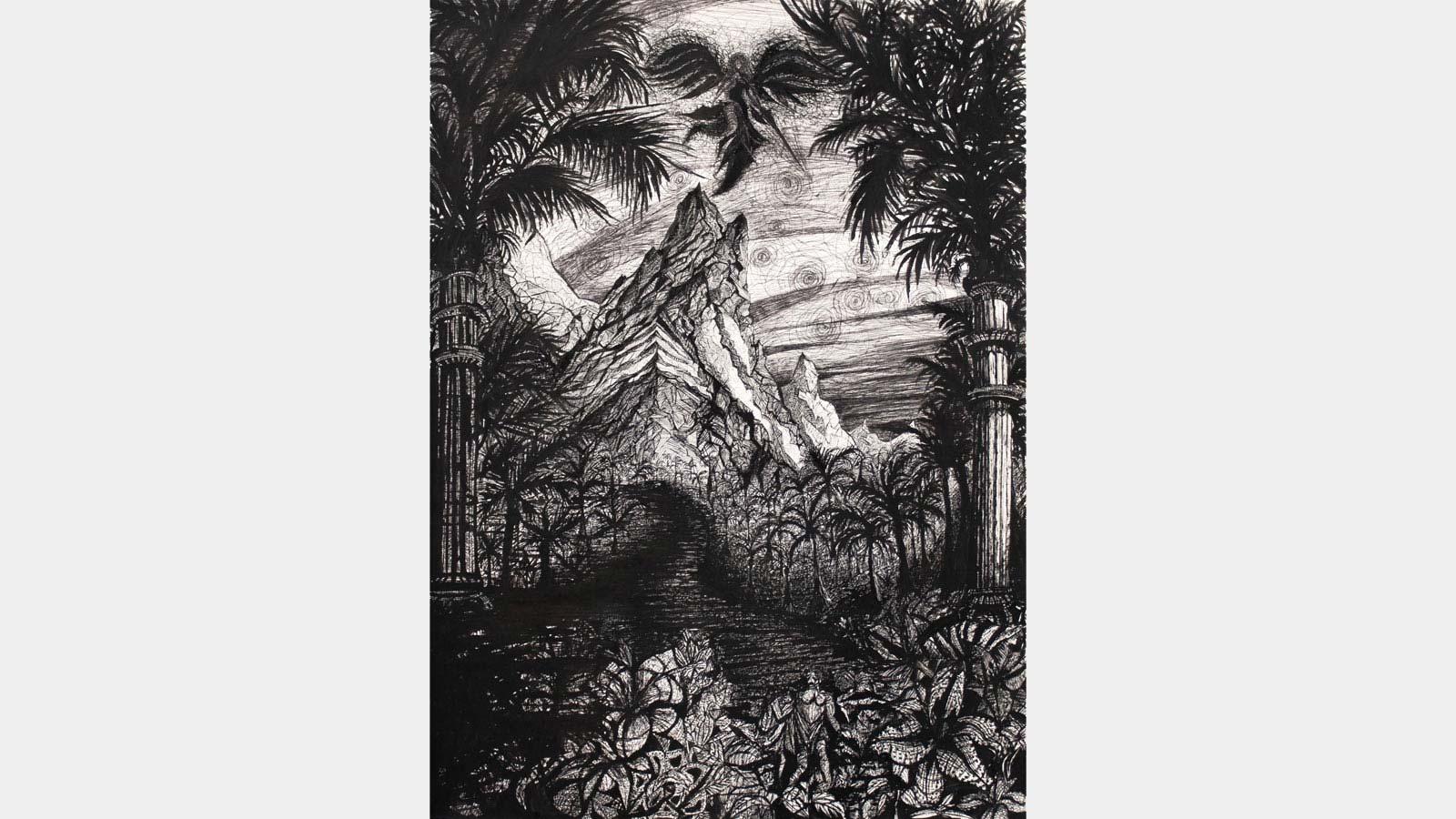 black and white abstract student art exhibit piece with nature imagery