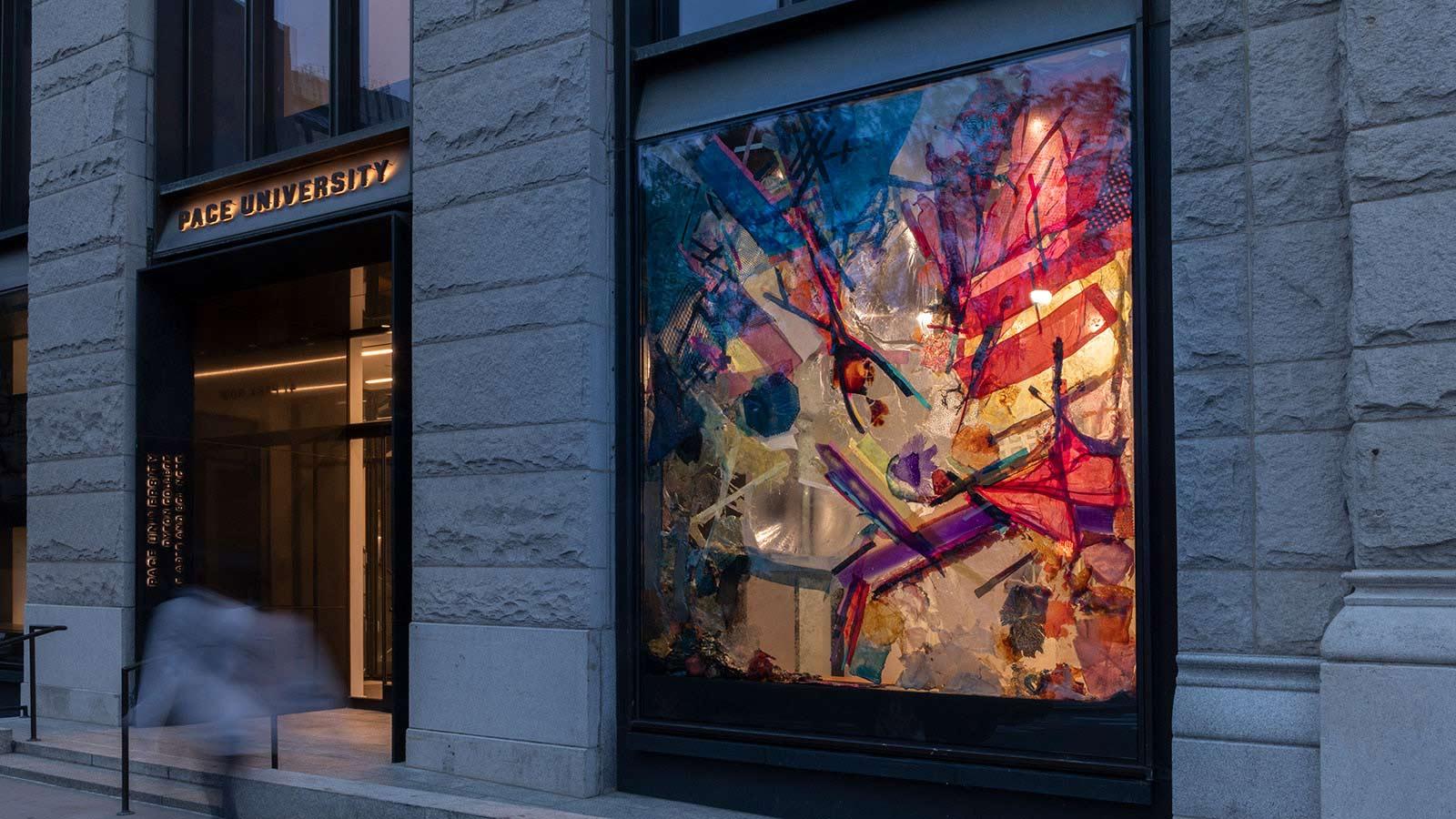 Artwork on display by various abstract artists in the "Substance" exhibition at the Pace University Art Gallery.