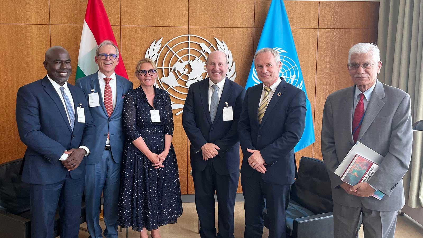Elisabeth Haub School of Law Dean Horace Anderson, Pace University President Marvin Krislov, Professor Narinder Kakar, Trustee Liliane Haub and philanthropist Christian Haub met with former President of the United Nations General Assembly Casaba Kőrösi to discussed the common efforts of GCELS and Pace|Haub Environmental Law faculty and students in supporting climate action.