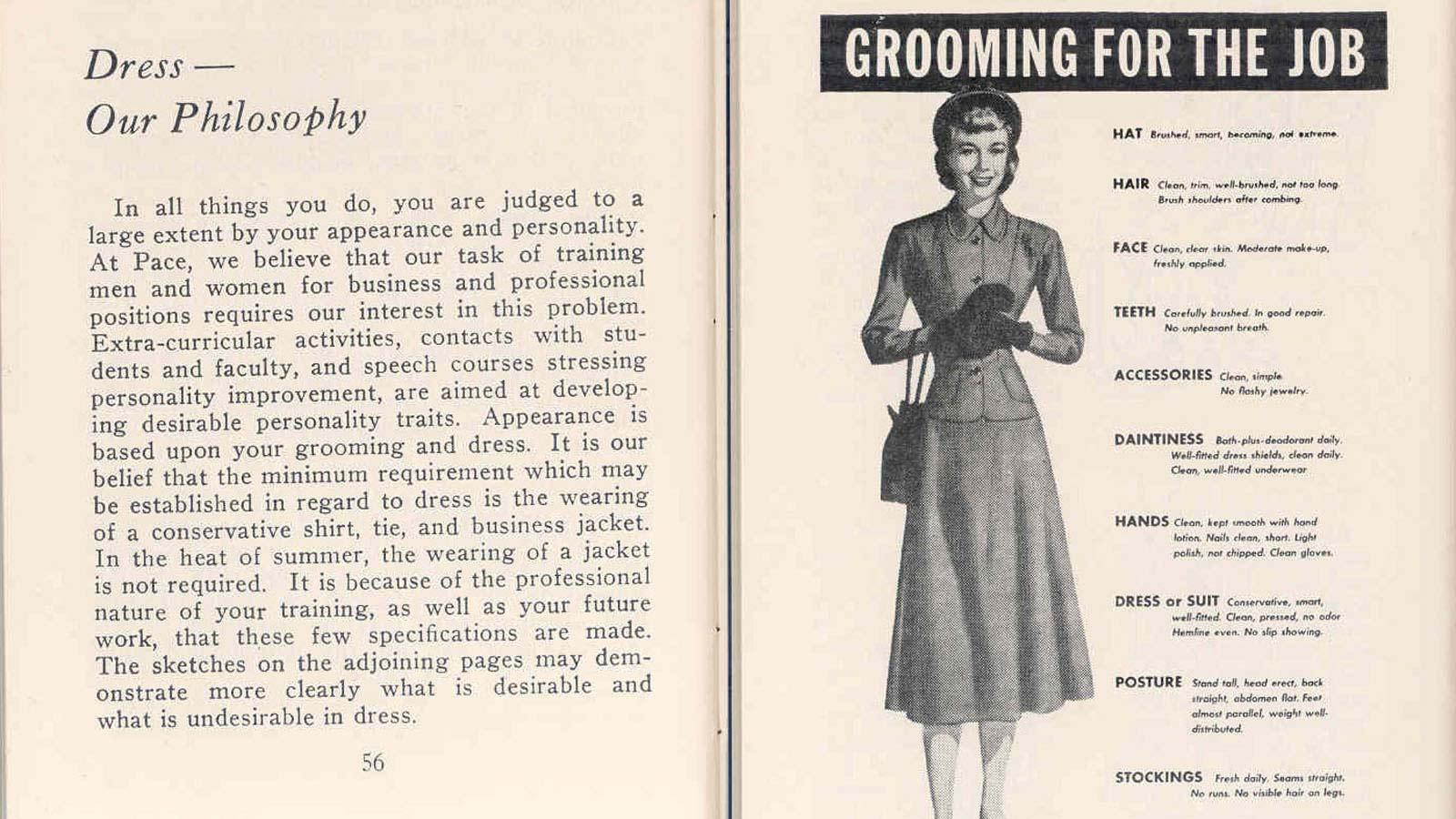 A page from the 1951 Pace handbook, showing students how to dress for success.