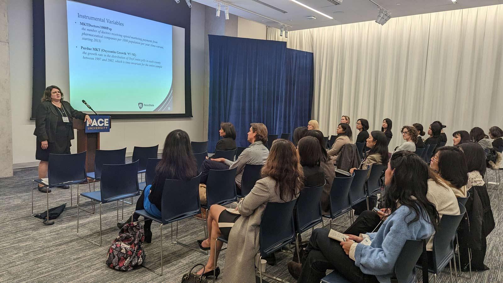 5 Professor Nonna Sorokina of Penn State University presenting her research in the main session at the 2023 Friends of Women in Finance Symposium-Greater New York (FWFS-GNY) at Pace University