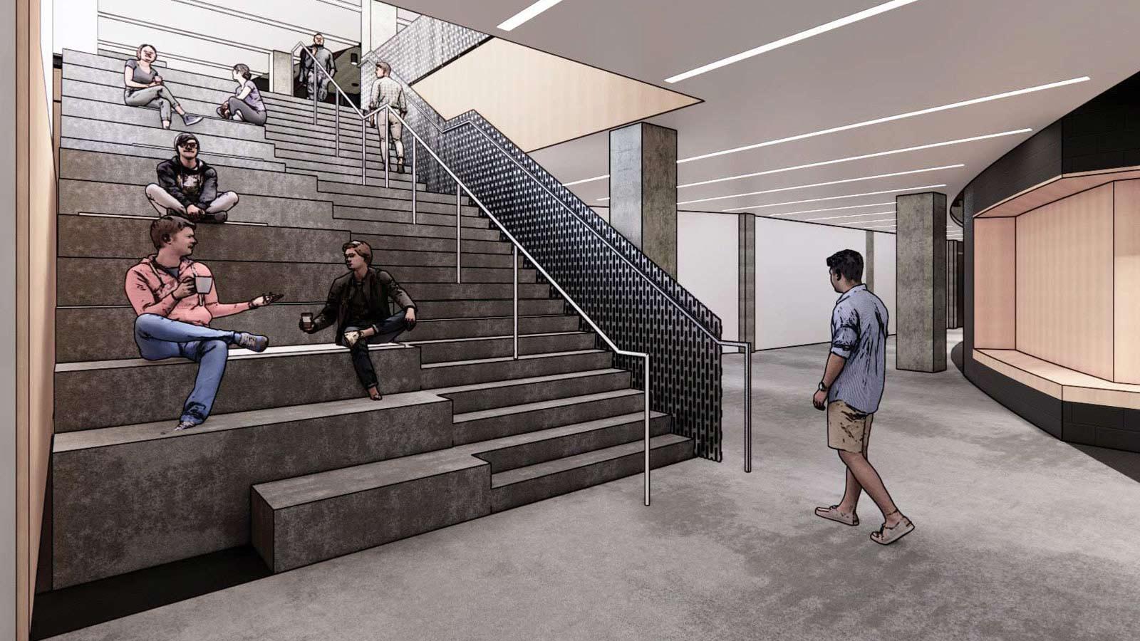 rendering of stairs in a lobby at One Pace Plaza on the Pace University NYC campus.