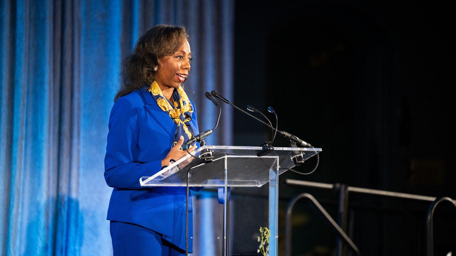 Alumni of the Year Award recipient Sabrina McCoy-Griffin delivers remarks at the 2026 Spirit of Pace Awards dinner.