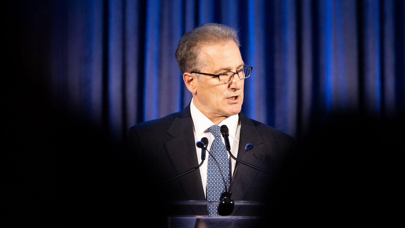 Richard Pustorino '86 delivers remarks after accepting the Lifetime Achievement Award on behalf of recipient Mario J. Gabelli.