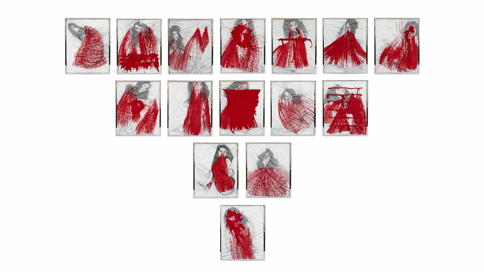 A collage of photos with red thread by Negin Mahzoun