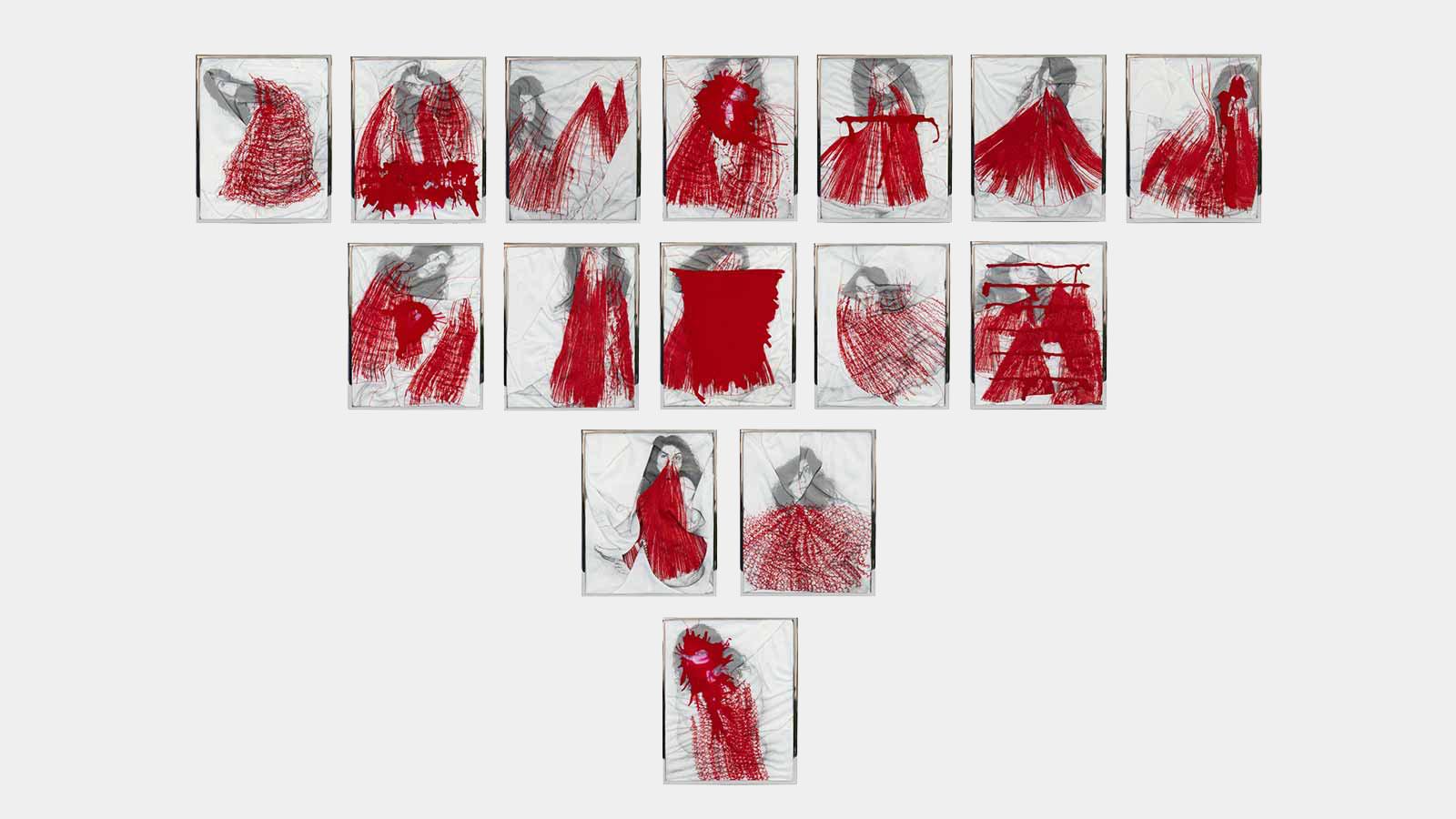 A collage of photos with red thread by Negin Mahzoun