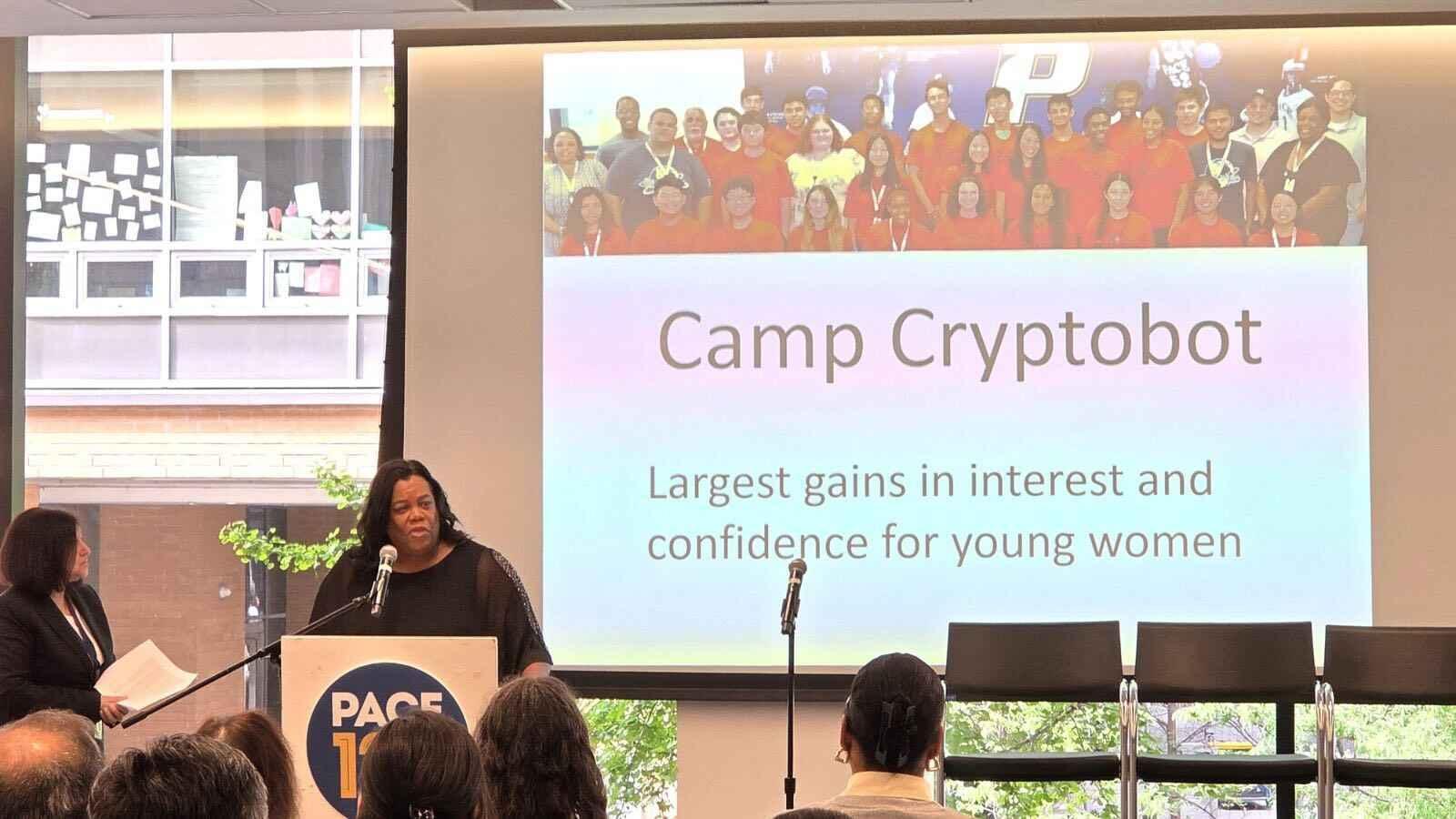 Talk on Camp Cryptobot encouraging young women in technology and programming