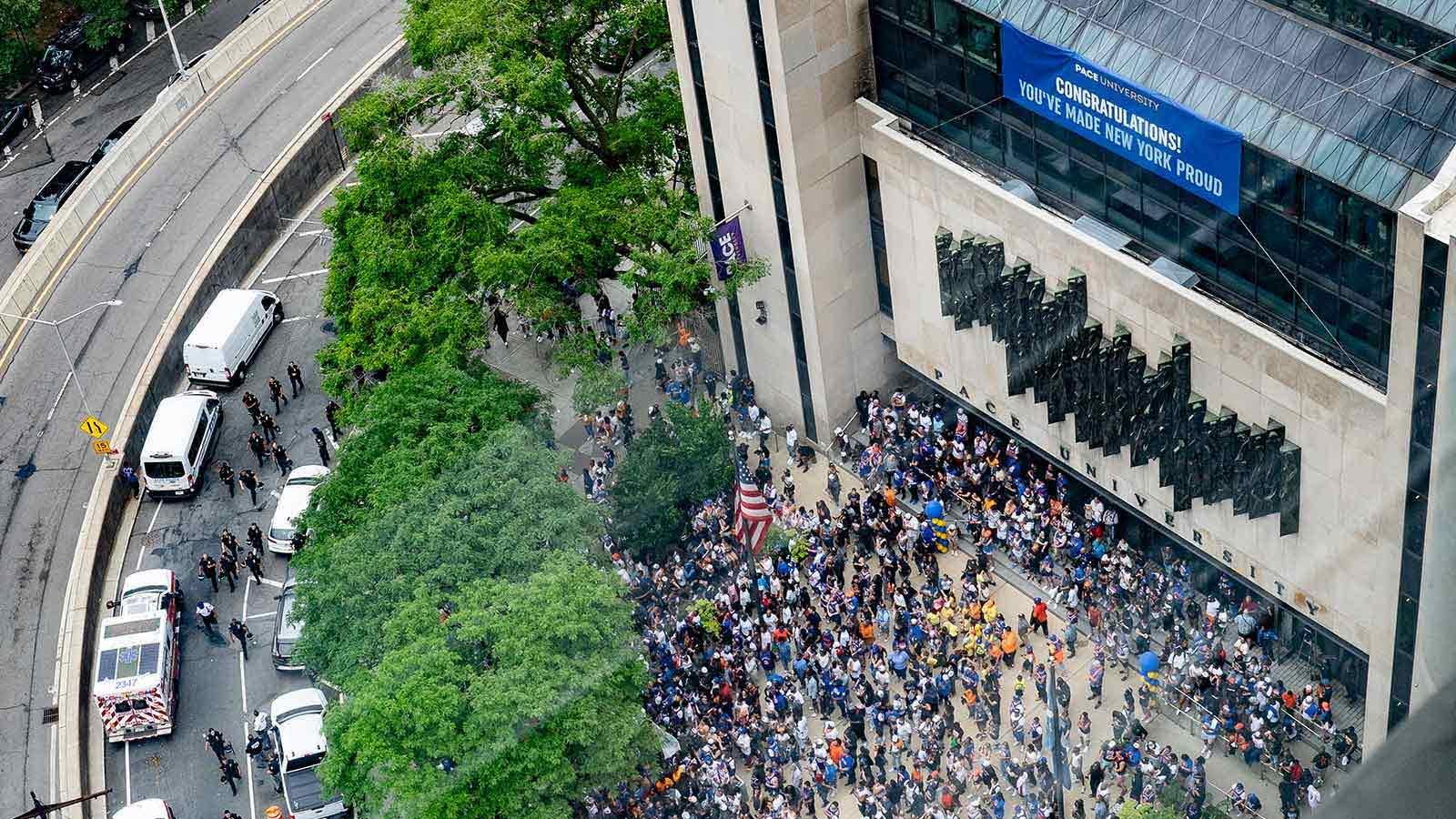 An aerial view of the Knicks parade crowd outside One Pace Plaza