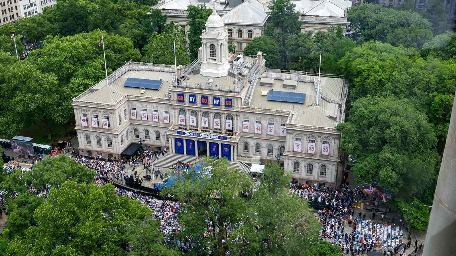 An aerial shot of the Knicks City Hall celebration