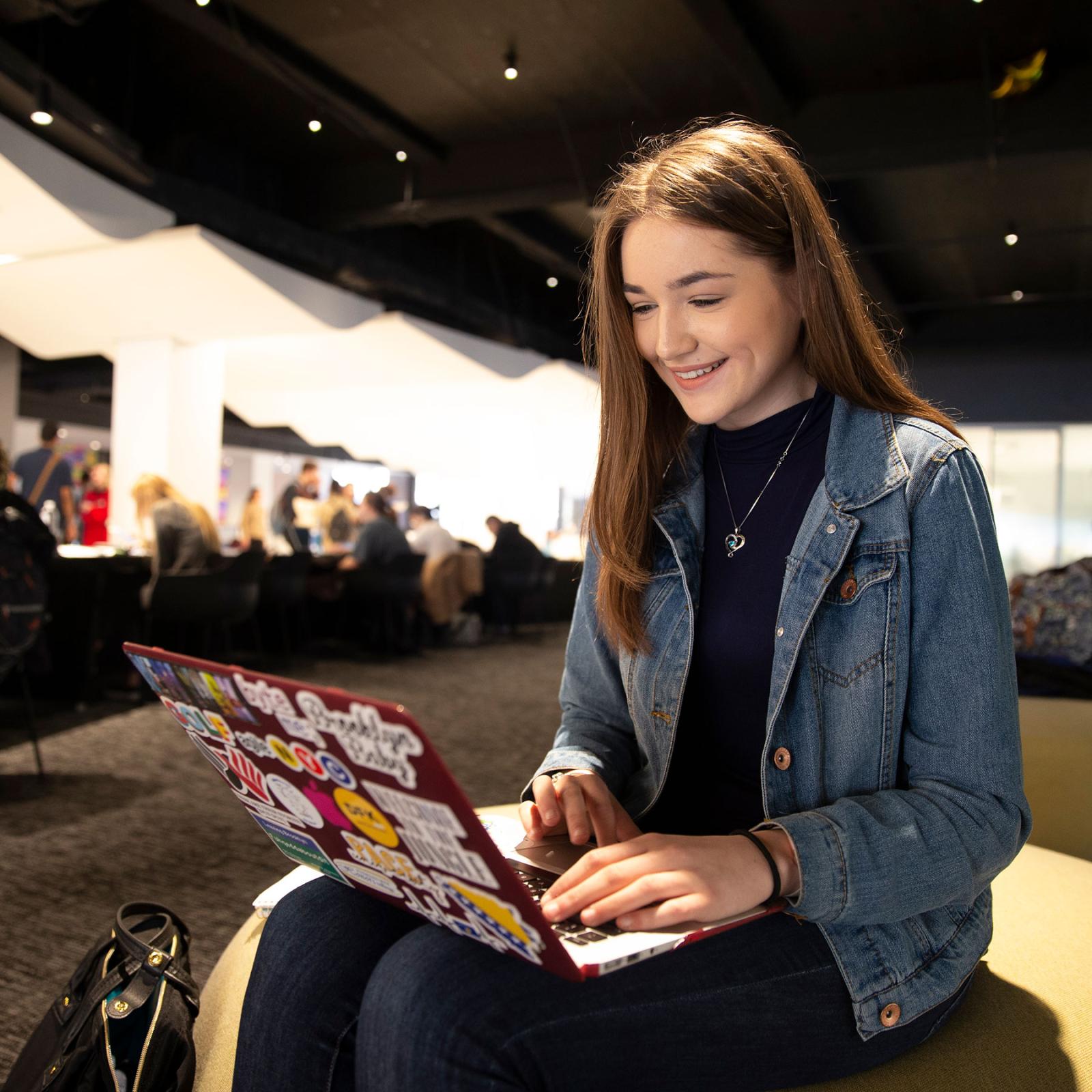 Student looking at employement facts and figures on her computer.