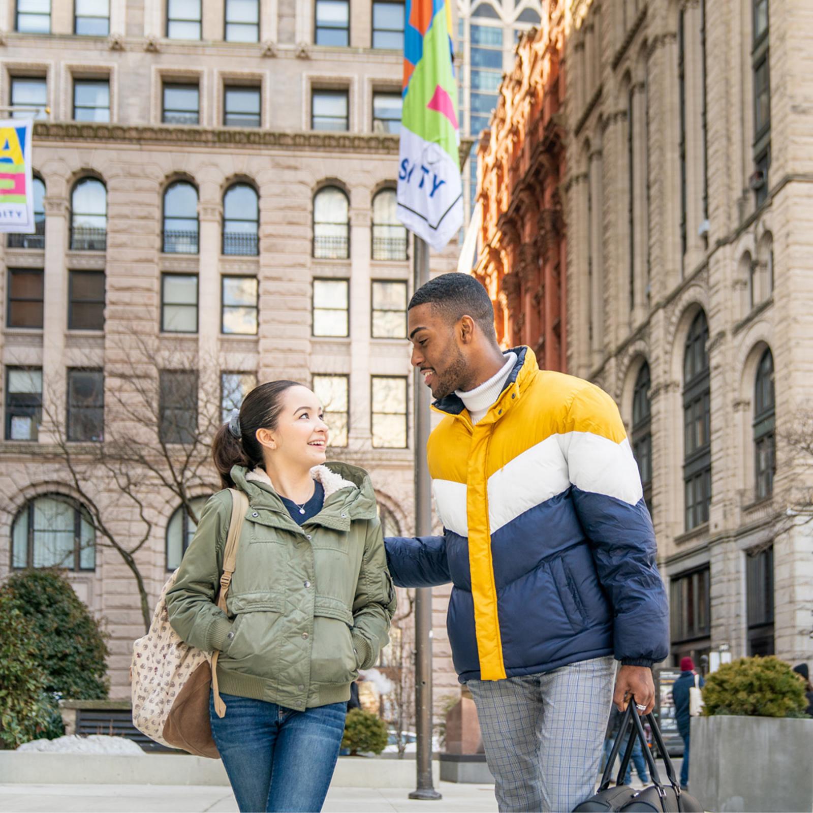 Students walking in front of 1 Pace Plaza.