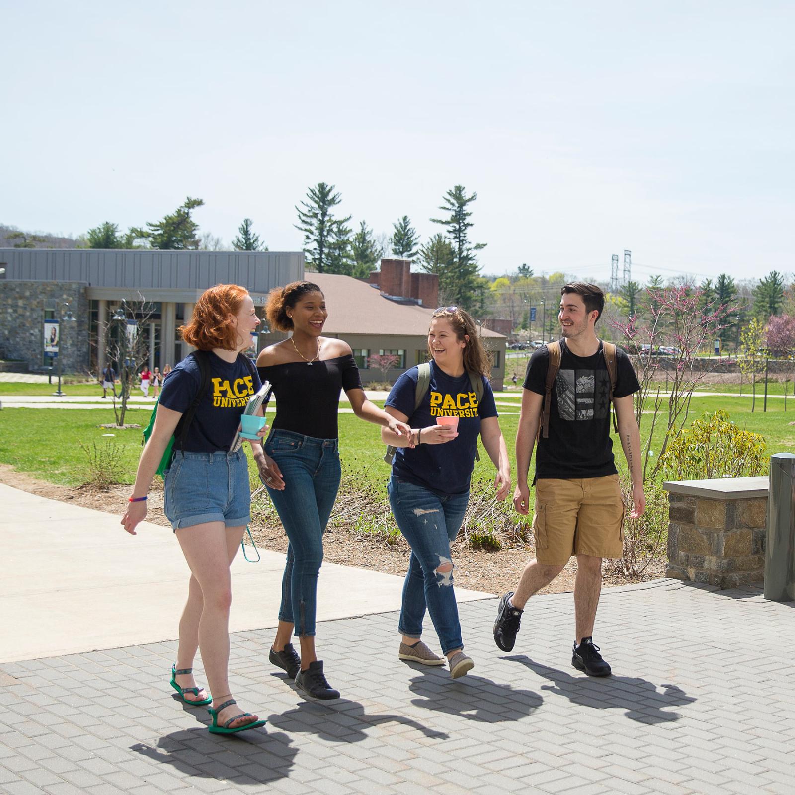Group of students walking in the Westchester campus.
