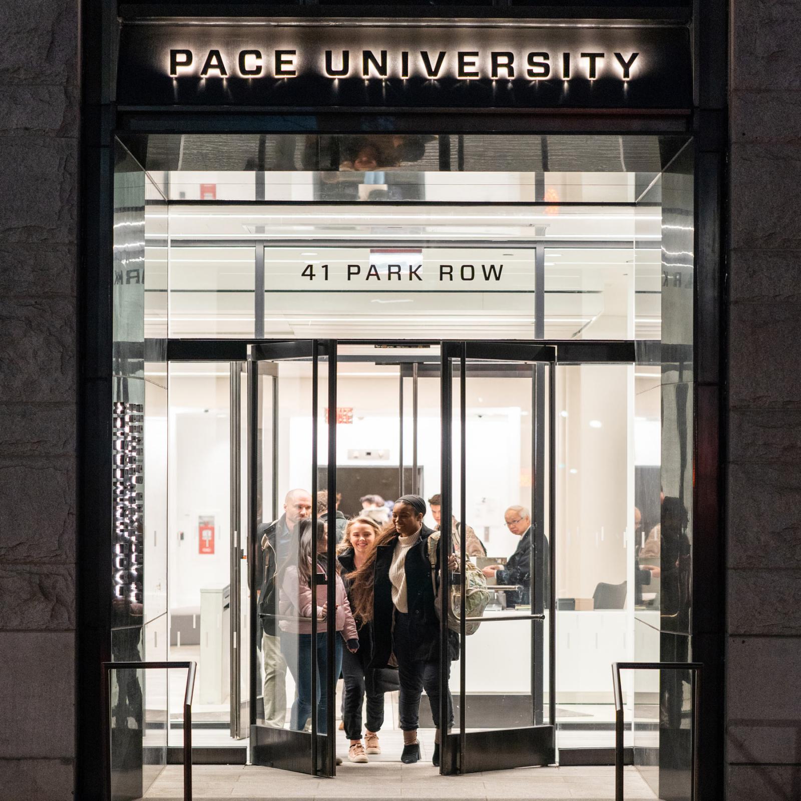 Students exiting 41 Park Row in NYC.