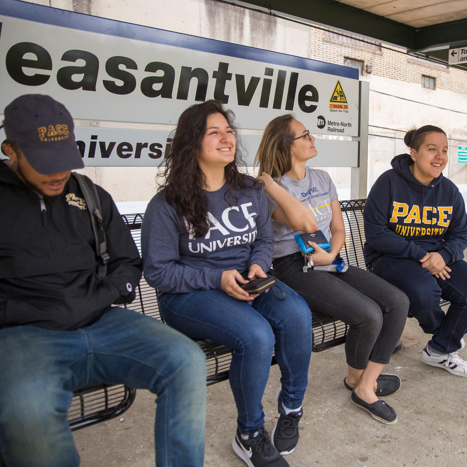 Pace students waiting for the train at the Pleasantville train station.